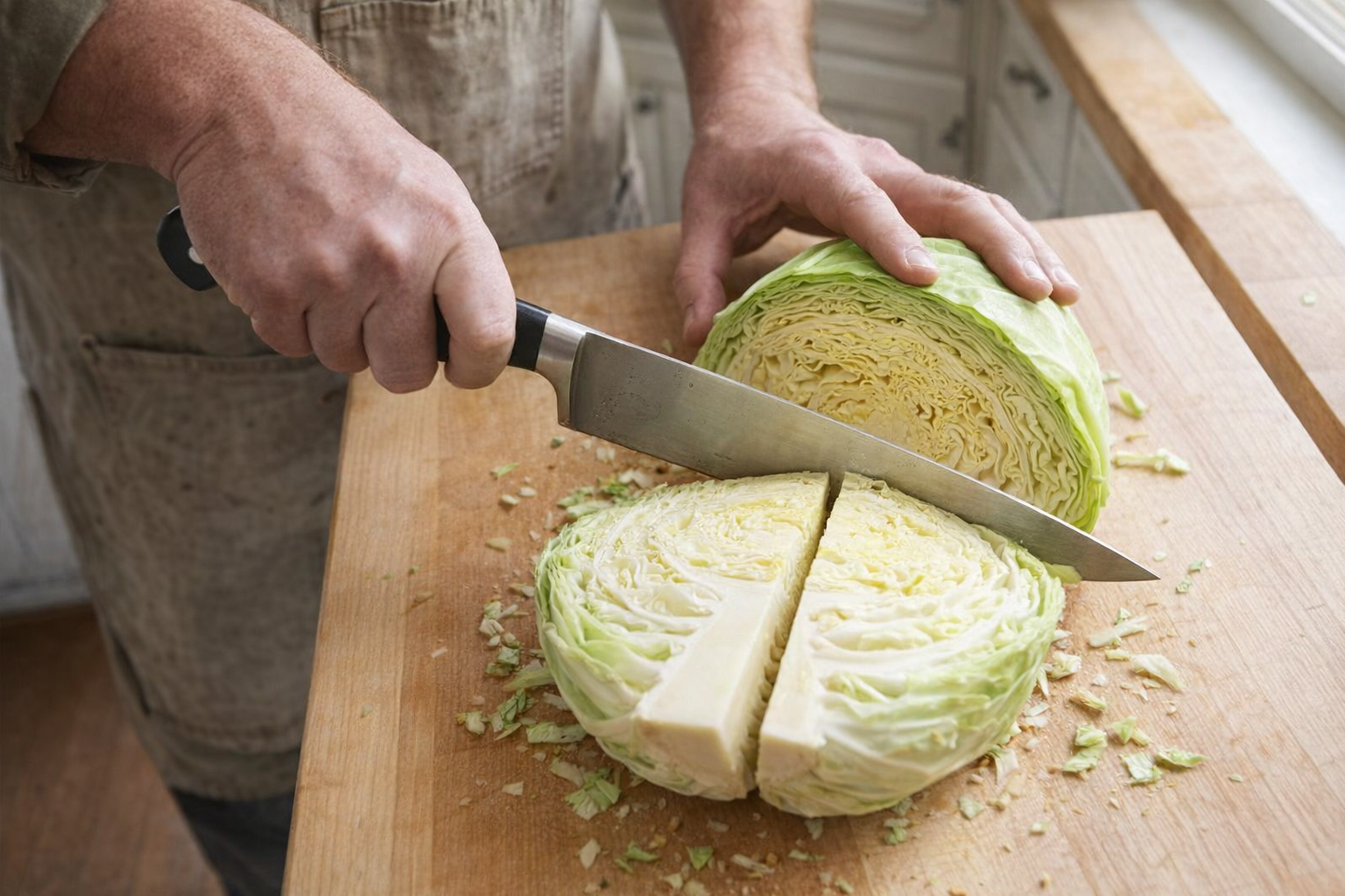 A bird's-eye view of a cutting board with a head of green cabbage being halved with a large chef's knife, bright kitchen lighting